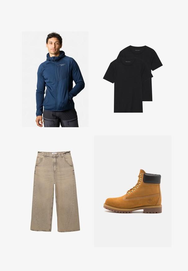 Navy blue zip-up jacket with a hood, featuring a textured fabric, elastic cuffs, and a zippered chest pocket. Logo on the front left.; Two black cotton t-shirts with short sleeves, round necklines, and a smooth texture, displayed stacked together.; PULL&BEAR MEGA BAGGY - Baggy Jeans - light grey; Tan suede ankle boot with black padded collar, gold metal eyelets, white stitching detailing, and rugged rubber sole with pronounced treads.