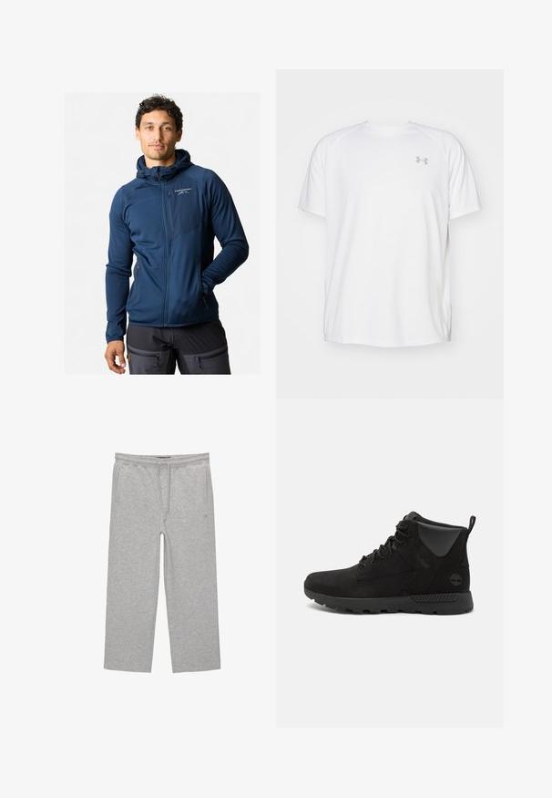 Marineblauwe zip-up jas met een capuchon, voorzien van een textuurstof, elastische manchetten en een ritszak op de borst. Logo op de linkervoorzijde.; Witte sportieve T-shirt met korte mouwen, gemaakt van gladde stof. Heeft een ronde hals en een grijs logo op de linkerkant van de borst, met zijsplitten aan de zoom.; Grijze katoenen loungebroeken met een elastische tailleband, trekkoord en twee zijzakken; rechte pijpen, zachte textuur, zonder patronen.; Zwarte hoge laarzen van suède en synthetische materialen, met een gestructureerd oppervlak, vetersluiting en rubberen zool met grip.