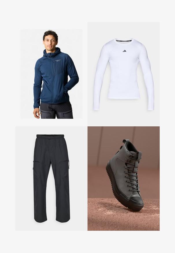 Marineblauwe zip-up jas met een capuchon, voorzien van een textuurstof, elastische manchetten en een ritszak op de borst. Logo op de linkervoorzijde.; Witte langarm sportshirt gemaakt van rekbare stof, met een ronde halslijn en een zwart Adidas-logo op de borst.; Zwarte cargo broek met een elastische tailleband, twee ritszakken en een lichte, zachte stofstructuur.; Hoge sneaker van grijs leer met een gestructureerde afwerking, zwarte rubberen neus en grijze veters. Beschikt over een trekkoord aan de hiel.