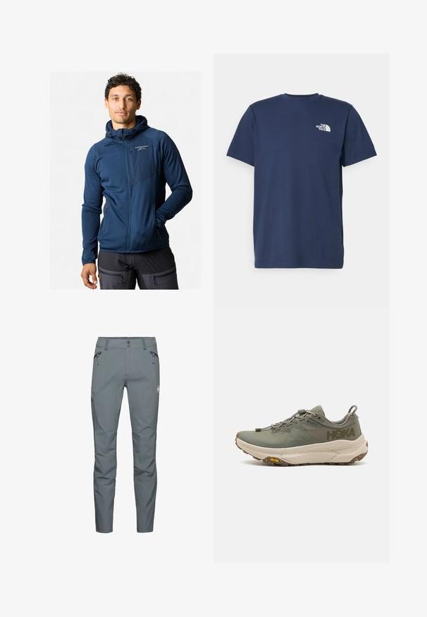 Granatowa bluza rozpinana z kapturem, wykonana z teksturowanej tkaniny, z elastycznymi mankietami i kieszenią na zamek na klatce piersiowej. Logo z przodu po lewej stronie.; Granatowa koszulka z krótkim rękawem z bawełny, z okrągłym dekoltem. Posiada małe białe logo na lewej piersi. Gładka faktura.; Szare spodnie outdoorowe o eleganckim kroju, z dwiema zapinanymi na zamek kieszeniami z przodu oraz wytrzymałym materiałem. Wzmocnione akcenty na kolanach dla dodatkowej trwałości.; Zielone buty biegowe Hoka z górnym materiałem Gore-Tex, teksturowanymi akcentami, elastycznymi sznurówkami i grubą beżową podeszwą charakteryzującą się logo Vibram.