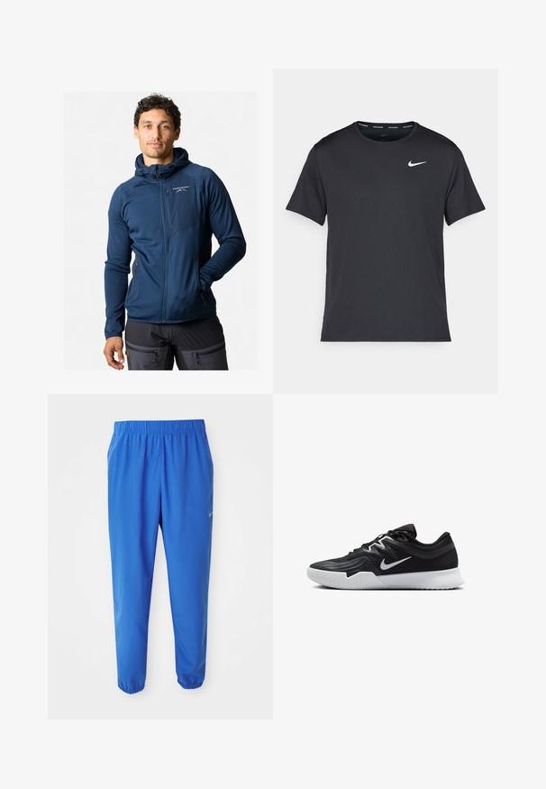 Granatowa bluza rozpinana z kapturem, wykonana z teksturowanej tkaniny, z elastycznymi mankietami i kieszenią na zamek na klatce piersiowej. Logo z przodu po lewej stronie.; Czarna koszulka do biegania Nike z lekkiego, oddychającego materiału, z krótkimi rękawami i małym białym logo na piersi.; Niebieskie spodenki sportowe z elastycznym paskiem, prostym krojem nogawki i zwężanymi mankietami. Zawierają złote logo Nike po lewej stronie.; Czarne buty sportowe z teksturowaną cholewką, białym logo Nike i białą gumową podeszwą. Charakteryzują się sznurowanym zapięciem i dynamicznym kształtem.