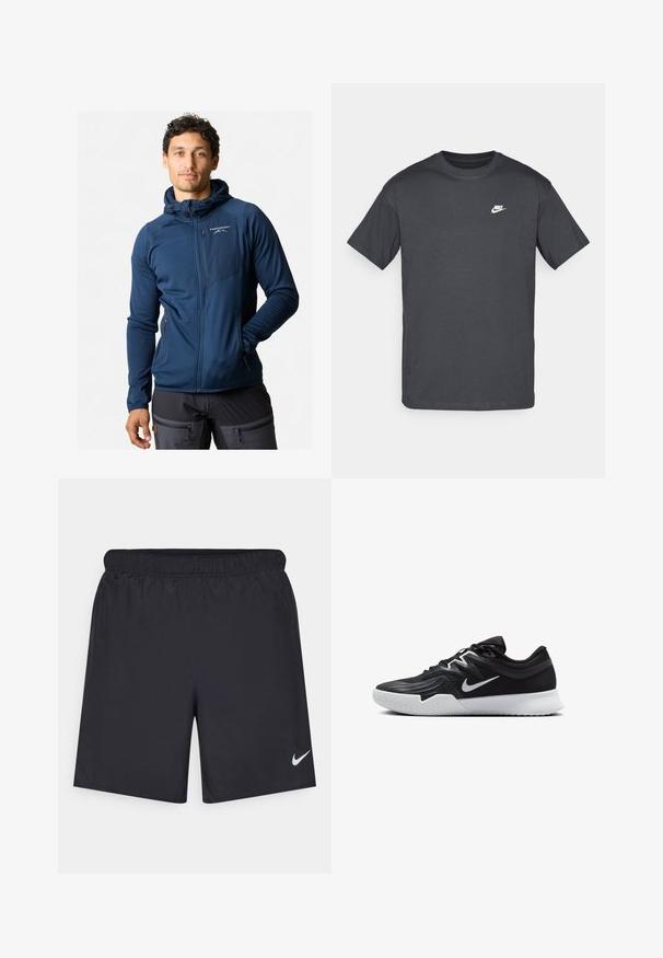 Giacca zip-up blu navy con cappuccio, caratterizzata da un tessuto tessuto, polsini elastici e una tasca sul petto con zip. Logo sul lato sinistro anteriore.; Maglietta in cotone grigio scuro con maniche corte, collo rotondo e logo Nike bianco sul lato sinistro del petto. Design semplice, texture liscia.; Shorts sportivi neri realizzati in materiale leggero con vita elastica. Presentano un piccolo logo Nike bianco sul lato sinistro in basso.; Scarpa sportiva nera con tomaia testurizzata, logo Nike swoosh bianco e suola in gomma bianca. Presenta un design con lacci e una forma dinamica.