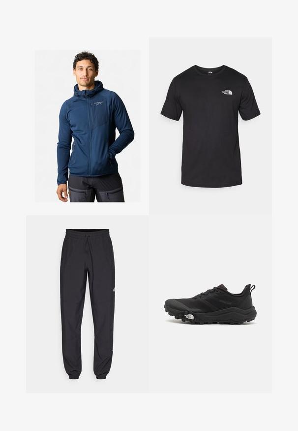 Marineblaue Reißverschlussjacke mit Kapuze, aus strukturiertem Stoff, mit elastischen Bündchen und einer Reißverschluss-Brusttasche. Logo auf der linken Vorderseite.; Schwarzes T-Shirt mit kurzen Ärmeln aus Baumwolle, mit einem runden Ausschnitt und einem kleinen weißen Logo auf der oberen linken Brust.; Schwarze Sporthosen aus leichtem Stoff, mit einem Kordelzugbund, seitlichen Taschen und schmal zulaufenden Bündchen an den Knöcheln.; Schwarzer Trailrunning-Schuh mit strukturiertem Obermaterial, Gummisohle und verstärkter Zehenkappe. Verfügt über einen gepolsterten Kragen und eine Ziehlasche für einfaches Anziehen.