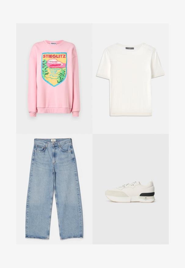 Stieglitz ANA - Camisola - pink; Top de malha branco, de mangas curtas, com decote redondo, apresentando uma textura suave e discretos realces canelados nas mangas e na barra.; Agolde LOW CURVE - Wide leg - light-blue denim; Sneaker branco com biqueira em camurça texturizada, parte superior em malha lisa, atacadores decorativos e um detalhe na parte de trás em borracha preta.