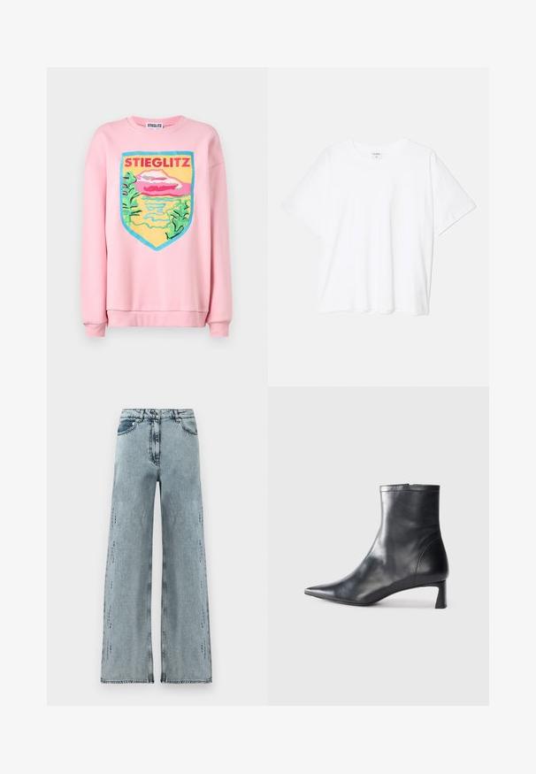 Stieglitz ANA  - Felpa - pink; T-shirt bianco in cotone con maniche corte, scollo rotondo, vestibilità comoda e orlo cucito. Etichetta visibile all'interno del colletto.; Jeans a gamba larga di colore blu chiaro realizzati in denim, con vita alta, leggero effetto usurato e vestibilità ampia con gambe dritte.; Stivaletto in pelle nera con punta affusolata e design elegante. Presenta un tacco basso e una chiusura con zip sul retro. Texture liscia.