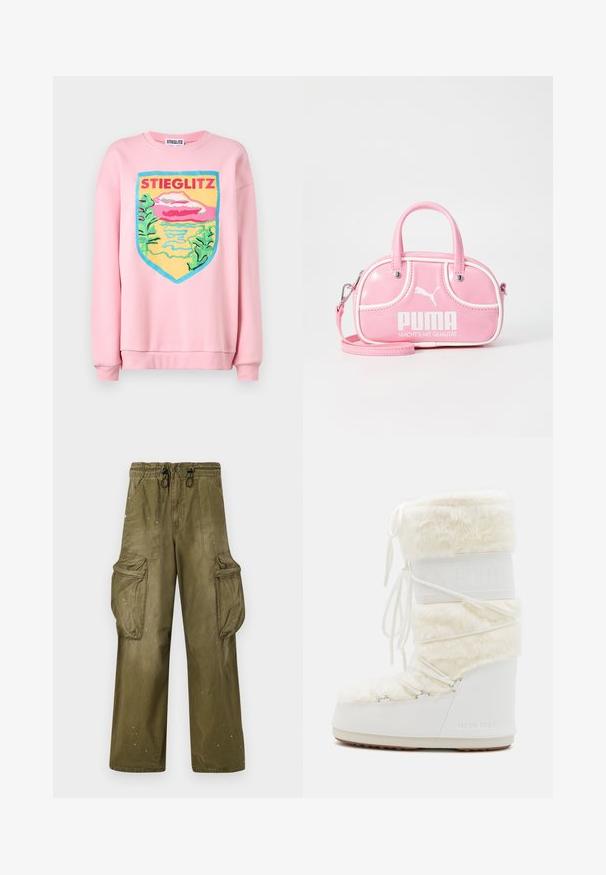 Stieglitz ANA  - Sudadera - pink; Camiseta con estampado de leopardo rosa y mangas cortas, con un escote redondeado y puños rosas en contraste, fabricada en un material suave y elástico.; Pantalones cargo verde oliva con un corte relajado, cinturilla elástica, cordón, dos bolsillos laterales y dos grandes bolsillos cargo. Ligera distorsión.; Botas Moon blancas con parte superior de pelo sintético, cordones en la parte frontal y suela de goma. Acabado texturizado y logotipo grabado en el lateral. Diseño grueso y acolchado.; Bolso sintético rosa de forma redondeada, con dos asas, correa desmontable, acentos blancos y un logotipo blanco prominente en la parte frontal.