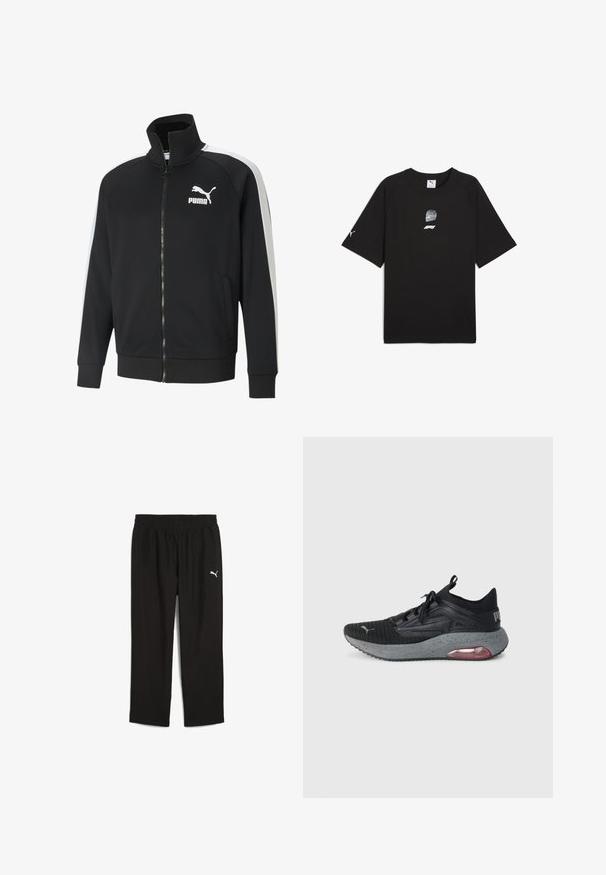 Melnas jaka ar rāvējslēdzēju, izgatavota no gludas auduma, ar baltām sānu svītrām. Iekļauj augstu apkakli un izteiktu balto Puma logotipu uz krūtīm.; Melnas īsajām piedurknēm T-krekls, kas izgatavots no kokvilnas, ar grafisku attēlu, kurā attēlots sacīkšu ķivere un logo uz priekšpuses, kā arī mazs logs uz piedurknes.; Melni sporta bikses ar elastīgu jostu, izgatavotas no viegla materiāla. Uz kreisās puses atrodas neliels balts Puma logo.; Melnas sporta kurpes ar teksturētu adītu augšu, pelēku punktiņu vidusdaļu un sarkani akcentētu gaisa vienību. Aprīkotas ar auklām un cilpu uz papēža.