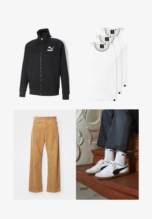 Giacca nera con zip in un tessuto liscio, con strisce bianche sui lati. Presenta un colletto alto e un grande logo Puma bianco sul petto.; Tre canotte bianche a coste in cotone. Presentano un colletto rotondo e piccole etichette nere vicino all'orlo. Disponibile in diverse taglie.; Pantaloni a gamba larga in corduroy di colore beige. Presentano righe verticali testurizzate, una vita standard e due tasche frontali.; Sneakers Puma in suede bianco e nero, con suola in gomma marrone. Abbinati a calzini bianchi con logo nero, indossati con pantaloni scuri.