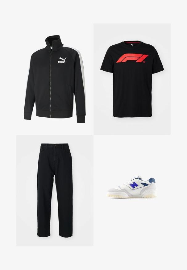 Sort zip-jakke i et glat stof med hvide side-striber. Har en høj krave og et fremtrædende hvidt Puma-logo på brystet.; Sort bomulds T-shirt med et stort rødt Formula 1-logo på forsiden. Rund halsudskæring og korte ærmer, glat tekstur.; Sorte denim bukser med lige ben. Med klassisk fem-lomme design, knaplukning og subtil stofstruktur.; Hvide sneakers med blå detaljer, lavet af læder og ruskind, med perforerede detaljer og en tekstureret gummisål.