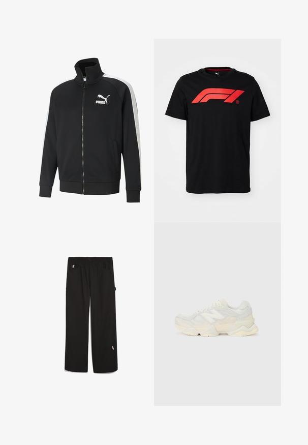 Schwarze Zip-Jacke aus glattem Material mit weißen Seitenstreifen. Sie hat einen hohen Kragen und ein auffälliges weißes Puma-Logo auf der Brust.; Schwarzes Baumwoll-T-Shirt mit einem großen roten Formel-1-Logo auf der Vorderseite. Rundhalsausschnitt und kurze Ärmel, glatte Textur.; Schwarze Hose mit elastischem Bund, zwei Fronttaschen und einem kleinen gestickten Detail am Unterschenkel. Hergestellt aus einem leichten Material.; Leichte Sneaker mit einem Obermaterial aus Mesh und Wildleder in sanften Cremetönen, einer dicken Sohle und dreidimensionalen Akzenten.