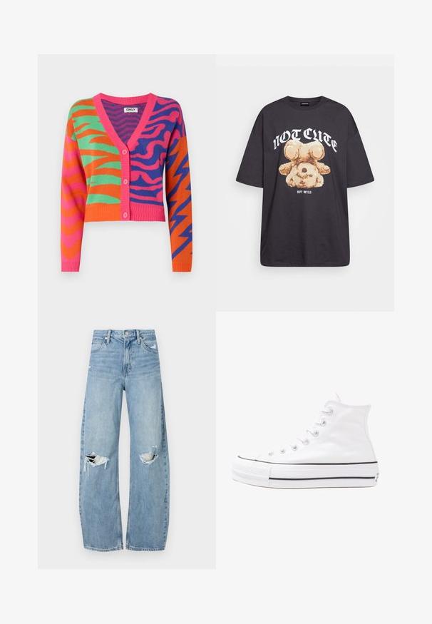 ONLY ONLJAYDI MIX V NECK - Kardigán - island green/raspberrysorbet/bluing; Čierne oversized tričko s grafikou medveďa a textom "NIE ROZTOMILÉ ALE DIVOKÉ" v tučnom bielom písmene. Bavlnený materiál.; Svetlomodré, vysoké džínsy vyrobené z denimu. Majú široké nohavice, dve roztrhnuté kolená a klasický päťvreckový strih.; Biele vysoké plátené tenisky s čiernou gumovou podošvou, prednou gumovou špičkou a šiestimi okami na šnúrky, s čistým, minimalistickým dizajnom.
