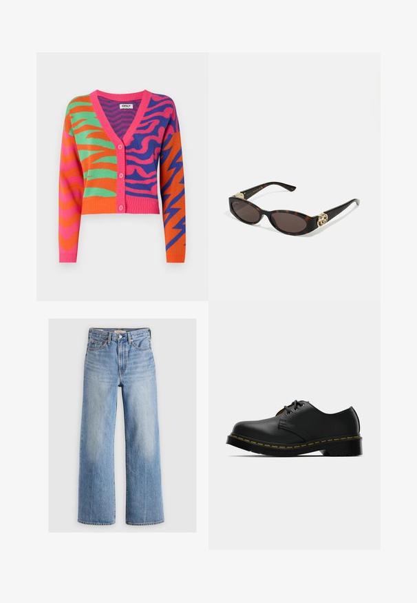 ONLY ONLJAYDI MIX V NECK - Strickjacke - island green/raspberrysorbet/bluing; Schwarzes ärmelloses Tanktop mit quadratischem Ausschnitt, aus glattem Stoff gefertigt; enganliegendes Design ohne Muster oder Hardware-Details.; Helleblaue Jeans mit weitem Bein und hoher Taille, mit ausgewaschenen Stellen, fünf Taschen und Kontrastnähten. Klassische Knopf- und Reißverschlussöffnung.; Schwarze Lederschuhe mit runder Zehenform, Schnürdesign, gelben Nähten entlang der Sohle und einer stabilen schwarzen Gummisohle für besseren Halt.; Schildpatt-Sonnenbrille mit länglich-ovalen Gläsern, braunem Farbton, goldenen Logo-Akzenten an den Bügeln und schlanken schwarzen Bügeln.