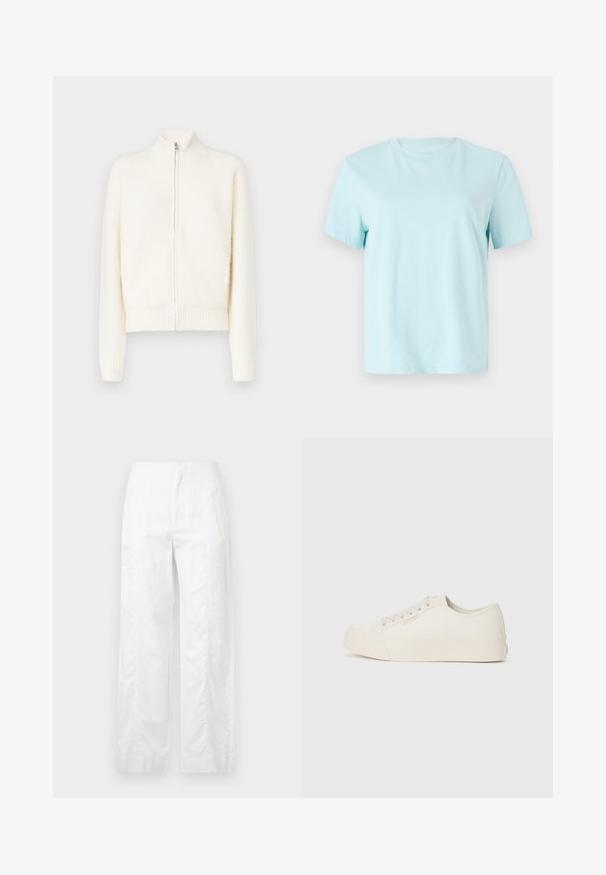 Calvin Klein Adīta jaka - antique white; Gaiši zils kokvilnas T-krekls ar īsām piedurknēm, apaļu kakla izgriezumu un smalku izšūtu 'Calvin Klein' logo uz priekšpuses.; Baltas, plaša kāju bikses, izgatavotas no viegla auduma, ar gludu tekstūru, tīrām līnijām un augstu jostasvietu.; Skeči no oficiālās baltas auduma, ar zemu augstumu, apaļu purngalu un plakanu gumijas zoli ar smalkām šuvēm.