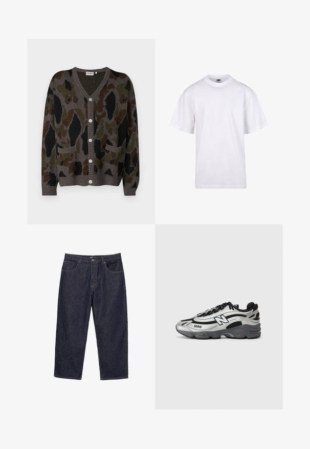 Carhartt WIP MERTON CARDIGAN - Cardigan - grey; T-shirt bianca in cotone con scollatura a girocollo, maniche corte e vestibilità rilassata. Presenta un design semplice senza motivi o accenti.; Jeans in denim blu scuro a gamba dritta con chiusura frontale a bottone e zip e cinque tasche, esposti su uno sfondo bianco.; Scarpe sportive argento e nere con tomaia in rete, suola imbottita, design con lacci e dettagli di branding laterali.
