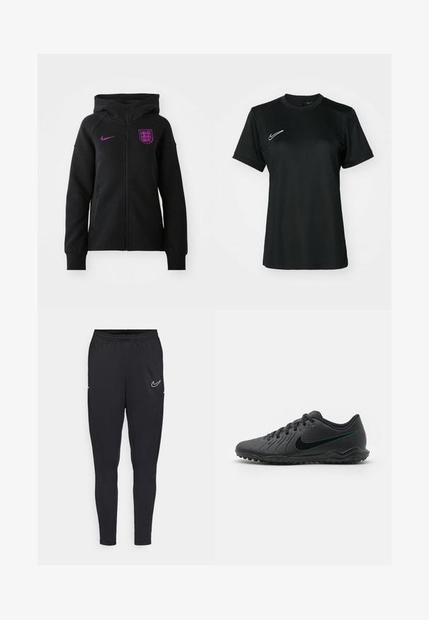 Čierny zip-up Nike mikina so štruktúrovaným dizajnom, fialovým logom a erbom Anglicka na hrudi, a postrannými zipsami.; Čierne športové tričko s krátkym rukávom a okrúhlym výstrihom. Obsahuje biele logo Nike na hornej ľavej strane. Hladký, ľahký materiál.; Čierne športové nohavice vyrobené z ľahkej tkaniny, s elastickým pásom, priliehavým strihom a bielym logom Nike na stehne.; Čierne futbalové kopačky s textúrovaným syntetickým zvrškom, zakriveným dizajnom, čiernou podrážkou a tyrkysovým logom Nike na boku. Zatváranie na šnúrky.
