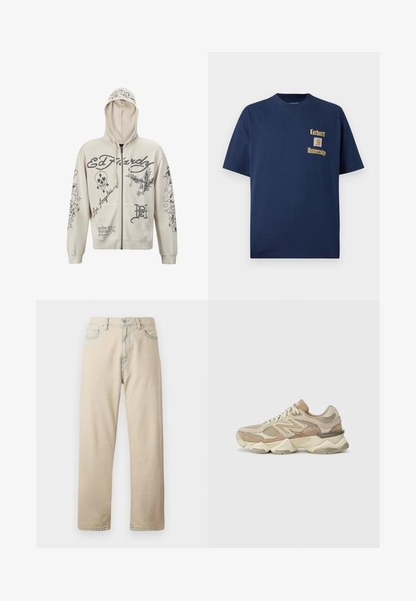 Beige mikina na zip s kapucí. Obsahuje černé grafické vzory, včetně textu a ilustrací lebky a orla. Dvě přední kapsy.; Námořnická modrá bavlněná tričko s krátkým rukávem, se zlatým textem "Carhartt University" a nášivkou na levé hrudi.; Beige denimové džíny z bavlny se rovnými nohavicemi, pěti kapsami, poutky na opasek a zipovým zapínáním. Lehce vybledlá textura a kontrastní šití.; Béžové sportovní tenisky s materiály z síťoviny a semiše, kulatou špičkou, silnou podrážkou a výraznými reflexními akcenty po straně.