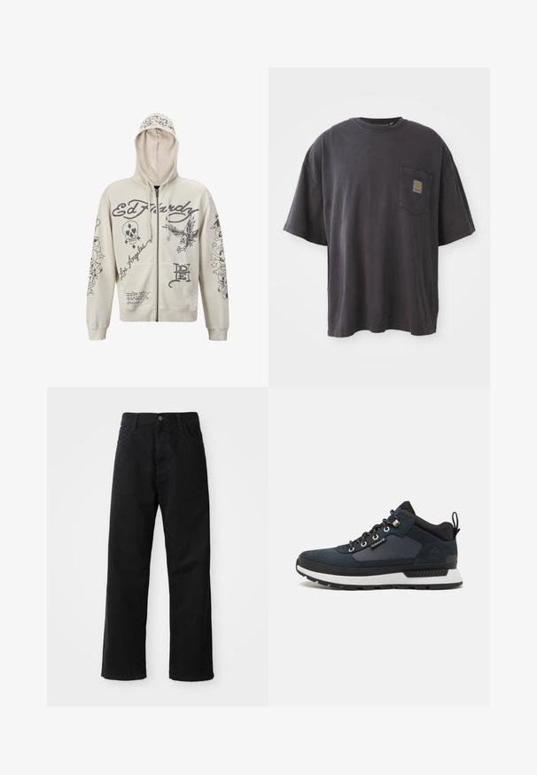 Beige zip-up hoodie met een capuchon. Bevat zwarte grafische ontwerpen, inclusief tekst en illustraties van een schedel en een adelaar. Twee voorzakken.; Zwarte katoenen t-shirt met korte mouwen, een ronde halslijn en een linkse borstzak met een vierkante logo patch. Eenvoudig en ongecompliceerd ontwerp.; Zwarte denim broek met een rechte pasvorm, voorzien van voorzakken, een rits en een enkele bovenste knoop. Gestructureerde stof met een matte afwerking.; Marineblauwe wandelschoen met suède en textielen bovenwerk, witte tussenzool, zwarte buitenzool en metalen veterogen. Voorzien van een achterste trekhaak voor gemakkelijke instap.