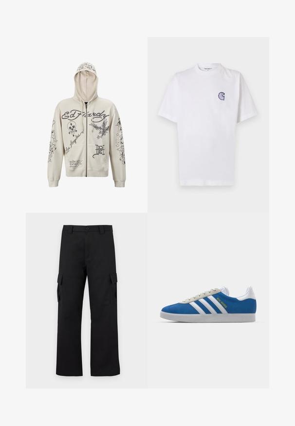 Beige lynlås hættejakke med hætte. Har sorte grafiske designs, herunder tekst og illustrationer af et kranium og en ørn. To forlommer.; Hvid bomuld t-shirt med korte ærmer, rund halsudskæring og et lille, broderet blåt "C"-logo på venstre side af brystet.; Sorte cargo bukser med lige ben-design. Lavet af slidstærkt stof, med to sidelommer med klaplukninger og lukning med knap.; adidas Originals ADIDAS GAZELLE SHOES - Indendørsfodboldstøvler - real madrid/bluebird/footwear white/crew yellow