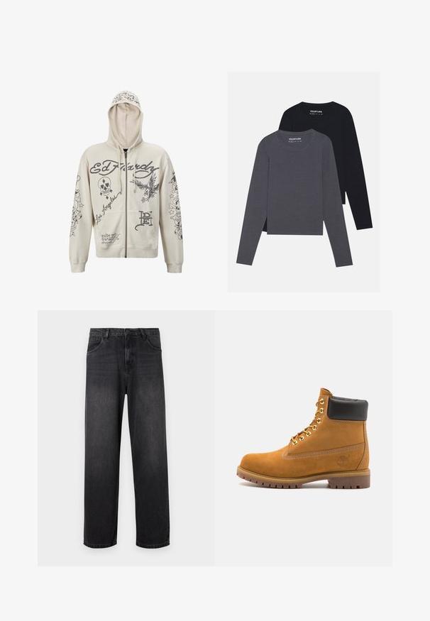 Beige lynlås hættejakke med hætte. Har sorte grafiske designs, herunder tekst og illustrationer af et kranium og en ørn. To forlommer.; YOURTURN 2 PACK UNISEX - Langærmet T-shirt - dark grey/black; Mørkegrå denim jeans med lige ben, der har lynlås i gylpen, fem lommer og diskrete falmende detaljer på stoffet.; Tan nubuck ankelstøvle med sort polstret krave, gyldne metaløjer, hvid syning detaljer og robust gummisål med udtalte slidbaner.