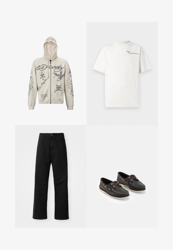 Beżowa bluza z kapturem na zamek. Posiada czarne wzory graficzne, w tym tekst oraz ilustracje czaszki i orła. Dwie przednie kieszenie.; Biała bawełniana koszulka z krótkimi rękawami, okrągłym dekoltem i czarnym nadrukiem na piersi z napisem "Carhartt Work in Progress 1989".; Czarne dżinsy o prostym kroju, z przednimi kieszeniami, zamkiem błyskawicznym i pojedynczym guzikem z przodu. Teksturowana tkanina o matowym wykończeniu.; Morskie skórzane buty żeglarskie z żółtym przeszyciem, czerwonymi sznurówkami i srebrnymi oczkami; okrągły czubek; biała gumowa podeszwa.