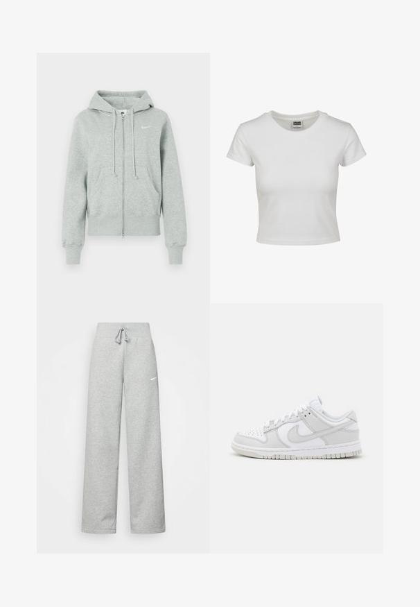 Svetlošedá Nike mikina na zips s kapucňou, prednými vreckami, šnúrkami, rebrovanými manžetami a bielym logom Nike swoosh na hrudi.; Biela bavlnená tričko s klasickým okrúhlym výstrihom, krátkymi rukávmi a priliehavým strihom. Bez viditeľných vzorov alebo akcentov.; Šedé tepláky s elastickým pásom, detailom na šnúrku a malým bielym logom Nike na ľavom stehne. Mäkká tkanina, voľný strih.; Biele kožené tenisky s šedými akcentmi, perforovaná špička, ploché šnúrky, polstrovaný golier a textúrovaná gumová podrážka.