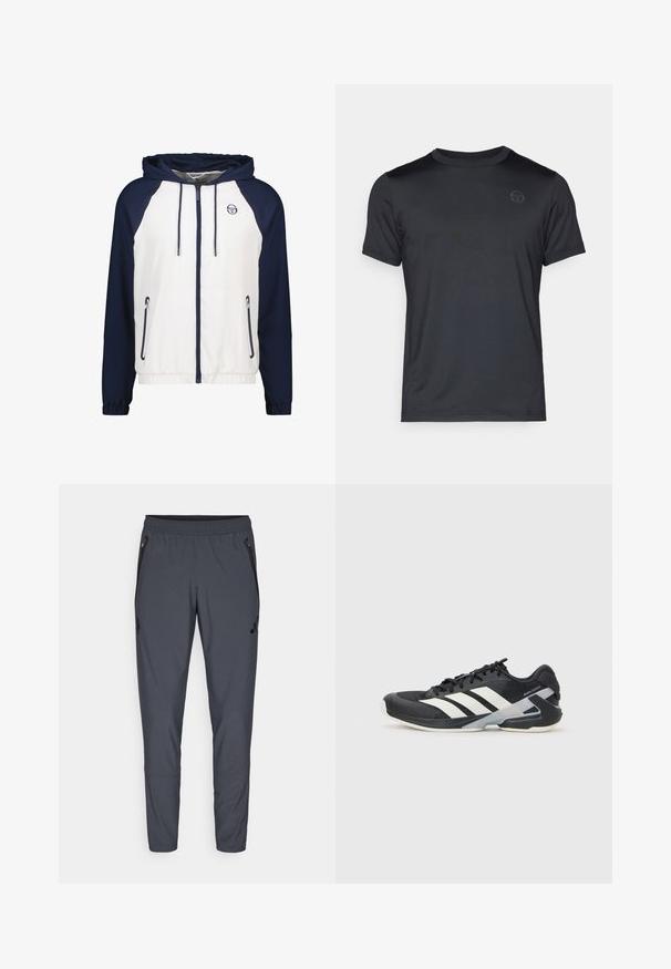 Capuchonjack met een witte body en marineblauwe mouwen, sluiting met rits aan de voorkant en twee zijzakken met rits. Zachte stofstructuur.; Zwarte T-shirt met korte mouwen en ronde hals, gemaakt van gladde stof, met een subtiele logo op de borst en nette stiksels.; Grijze sportbroek met een elastische tailleband, ritssluitingen aan de zijkanten en een logodetail op de linkerdij. Gemaakt van lichtgewicht stof.; Zwarte sportschoen met witte strepen, bovenwerk van mesh, ronde neus en geveerde zool. Heeft een getextureerde hak en een veilig vetersysteem.