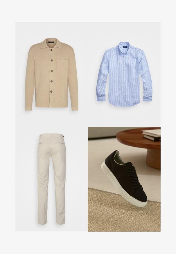 Bež pleteni cardigan s ovratnikom, sedmimi gumbi in žepom na prsih. Teksturirana tkanina in dolgi rokavi s preprostimi manšetami.; Modra in bela prugasta srajca z dolgimi rokavi iz bombaža, s kragnico na gumb, sprednjimi gumbi in majhnim izvezenim logotipom na prsih.; Bež hlače z gladko teksturo, ravnega kroja, dvema zadnjima žepoma z gumbi in standardnim pasom.; Črni športni copat z belim podplatom lebdi nad bež teksturiranim preprogam blizu okroglega lesenega mize z zloženimi knjigami.