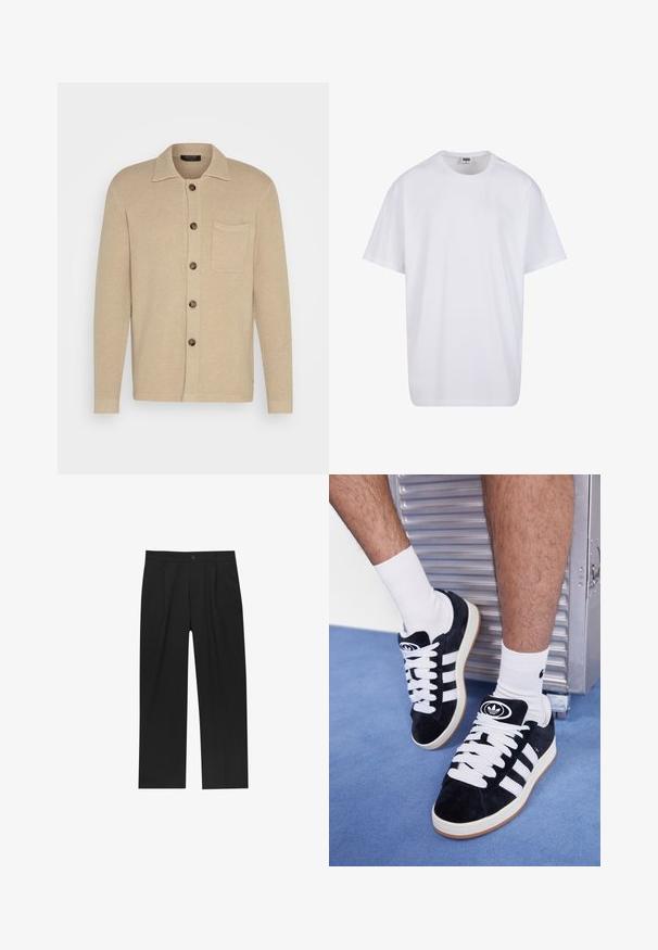 Cardigan en tricot beige avec un col, sept boutons et une poche poitrine. Tissu texturé et manches longues avec des poignets simples.; T-shirt en coton blanc avec des manches courtes, un col rond, une coupe décontractée et sans logos ni motifs visibles. Texture lisse et design minimaliste.; Pantalons noirs au design droit, fabriqués à partir d'un tissu lisse. Dotés de plis sur le devant et d'une fermeture à un bouton à la taille.; Baskets en suede noir avec des lacets blancs et trois rayures blanches. Présente un logo circulaire noir sur la languette et une semelle en caoutchouc beige.