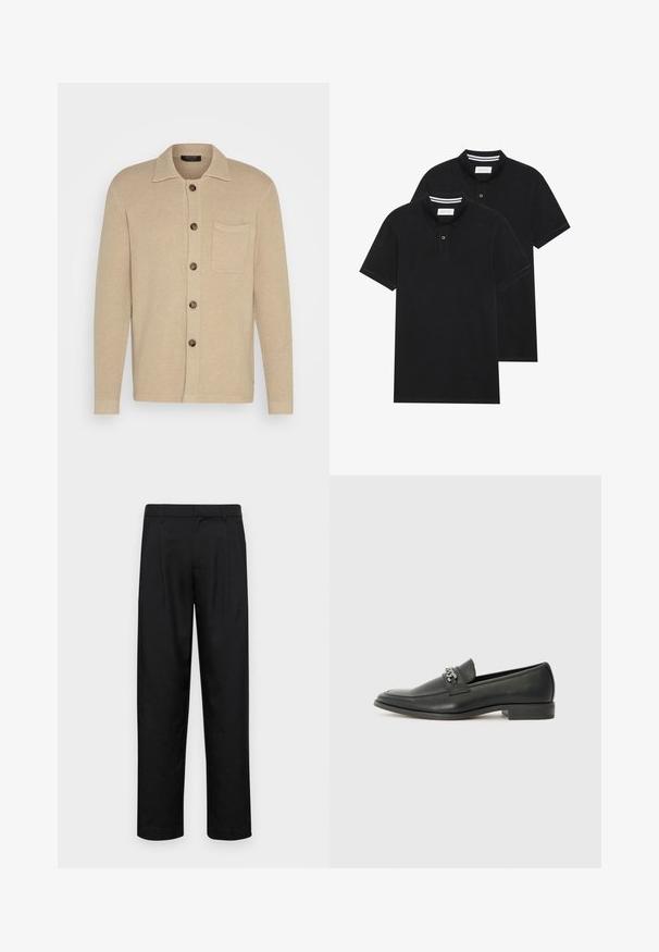 Bežinis megztas kardiganas su apykakle, septyniais mygtukais ir krūtinės kišene. Audinys su tekstūra ir ilgomis rankovėmis su paprastais rankogaliais.; Du žaidimų juodos polo marškiniai, trumpomis rankovėmis, pagaminti iš medvilnės, su klasikinėmis apykaklėmis, dviem mygtukais priekyje ir baltais dryžiais apykaklės viduje.; Juodi kelnių modeliai, pagaminti iš lygios medžiagos, turi tiesią kojas, du priekiniai klostės ir standartinę juosmenį su diržo kilpomis.; Juodos odinės loafer tipo bateliai su lygiu paviršiumi, turintys siuvinėtą dizainą ir dekoratyvų metalo grandinėlės akcentą ant batų viršaus. Plokščias kulnas.