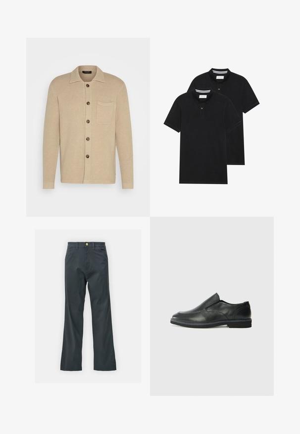Jachetă tricotată bej cu guler, șapte butoane și un buzunar pe piept. Material texturat și mâneci lungi cu manșete simple.; Două tricouri polo negre, cu mânecă scurtă, din material de bumbac, având un guler clasic, deschidere cu două butoane și accente albe cu dungi în interiorul gulerului.; Pantaloni negri cu croi drept, confecționați dintr-un material din bumbac. Dispun de un închidere cu nasture metalic și buzunare laterale. Fără modele vizibile.; Pantof de piele neagră, tip slip-on, cu un superior neted, accente cusute, vârf rotunjit și un toc jos din cauciuc. Talpa are un profil minim de aderență.
