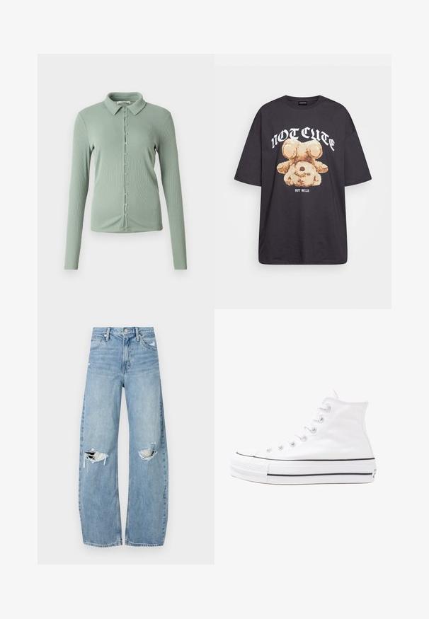 Svijetlozelena majica dugih rukava s ovratnikom. Riblasta tekstura s prednjim kopčanjem na gumb i malim gumbima duž središnje strane.; Črna oversized majica s kratkimi rokavi, na kateri je grafika medveda z besedilom „NI SRČKAN VKLJUČNO Z DIVJIM“ v poudarjenem belem tisku. Material: bombaž.; Svijetloplave traperice visoki struk. Imaju široke nogavice, dva poderana područja na koljenima i klasičan petotoksi stil.; Beli visoki platneni športni čevelj z črnim gumijastim podplatom, sprednjim gumijastim zaščitnikom za prste in šestimi luknjicami za vezalke, ki se ponaša s preprostim, minimalističnim dizajnom.