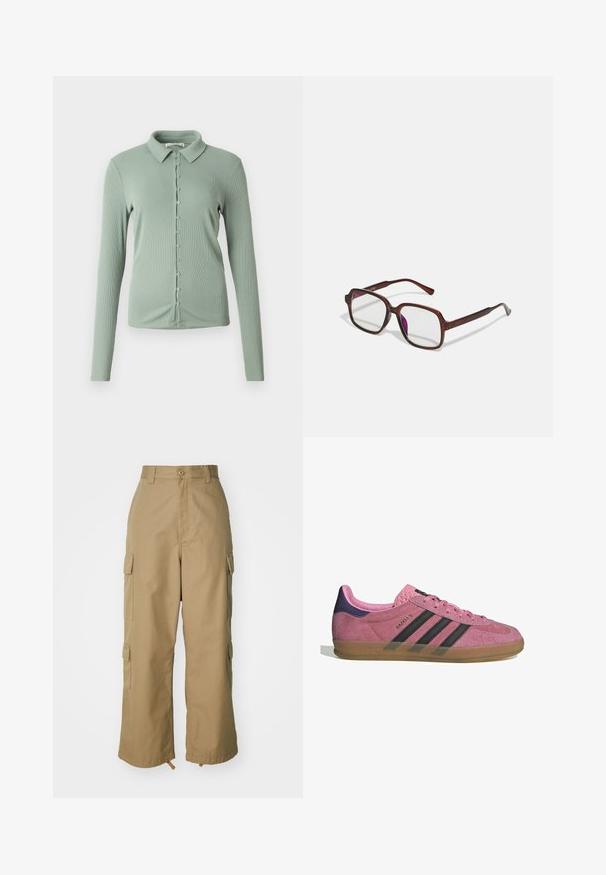 Gaiši zaļš garās piedurknes krekls ar apkakles izgriezumu. Rievota tekstūra ar priekšējo pogu aizdares sistēmu un mazām pogām pa centru.; Divi balti kokvilnas t-krekli ar īsām piedurknēm, apaļām kakla izgriezumiem un pieguļošu siluetu, ar gludu tekstūru un minimālistisku dizainu.; Bēša kravas bikses ar augstu jostasvietu, platām kājām un četriem lieliem sānu kabatām. Izgatavotas no izturīgas auduma ar gludu tekstūru un minimālām detaļām.; Rozā zamšādas sporta apavi ar melnām svītrām, gumijas zoli un teksturētu purpura papēdi. Iezīmējas ar auklēšanas dizainu un izspiestu zīmolu sānos.; Brūnas, taisnstūra formas brillēs ar caurspīdīgām lēcām un purpura nokrāsām. Gluda plastmasas apdare ar taisnām tempļiem un smalkiem akcentiem.