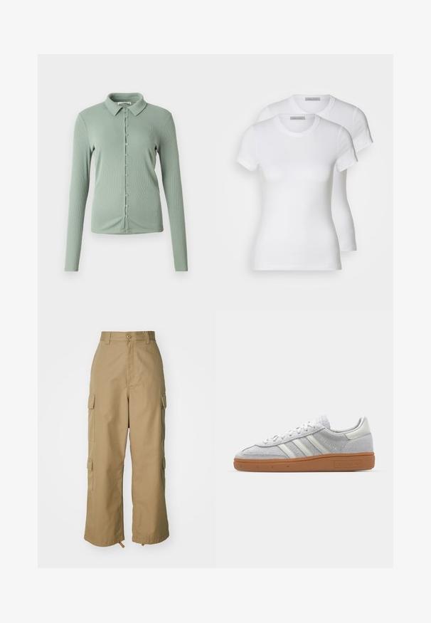 Light green long-sleeve shirt with a collared neckline. Ribbed texture with a front button closure and small buttons down the center.; Two white cotton t-shirts with short sleeves, round necklines, and a fitted silhouette, displaying a smooth texture and minimalistic design.; Beige cargo pants with a high waist, wide legs, and four large side pockets. Made of durable fabric with a smooth texture and minimal detail.; Light grey suede sneaker with white leather accents, three white stripes, and a brown rubber sole, featuring a padded collar for comfort.