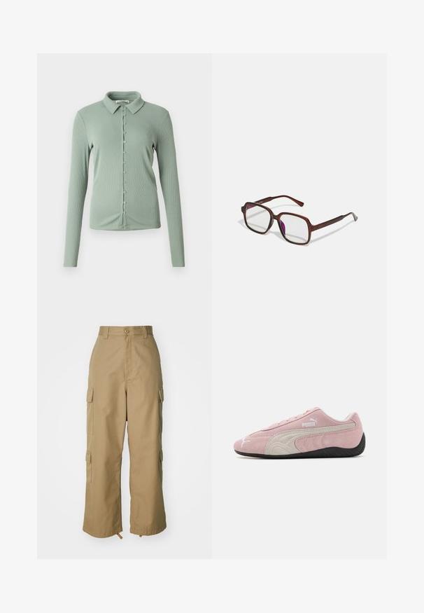 Gaiši zaļš garās piedurknes krekls ar apkakles izgriezumu. Rievota tekstūra ar priekšējo pogu aizdares sistēmu un mazām pogām pa centru.; Divi balti kokvilnas t-krekli ar īsām piedurknēm, apaļām kakla izgriezumiem un pieguļošu siluetu, ar gludu tekstūru un minimālistisku dizainu.; Bēša kravas bikses ar augstu jostasvietu, platām kājām un četriem lieliem sānu kabatām. Izgatavotas no izturīgas auduma ar gludu tekstūru un minimālām detaļām.; Rozā zamšādas sporta apavi ar pelēkiem akcentiem, plūstošs dizains, teksturēta virsma un melna gumijas zole. Sānos redzama Puma emblēma.; Brūnas, taisnstūra formas brillēs ar caurspīdīgām lēcām un purpura nokrāsām. Gluda plastmasas apdare ar taisnām tempļiem un smalkiem akcentiem.