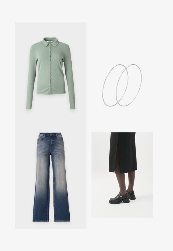 Svijetlozelena košulja dugih rukava s ovratnikom. Rebrasta tekstura, s prednjim dugmadi i malim dugmadima niz sredinu.; Crni bodysuit dugih rukava s mrežastim V-izrezom i naborima na ramenima. Glatka tkanina s prilagođenim oblikom.; Visoke traperice širokih nogavica od svijetloplavog do tamnoplavog denima s izbljeđenim dijelovima, koje imaju kopčanje na dugme i omče za remen. Čist rub i bez vidljivih ukrasa.; Crne kožne cipele s zaobljenim vrhom, debelim blok petama i elastičnim bočnim detaljima, uparene s tamnim čarapama i crnom suknjom s prorezom.; Srebrne okrugle naušnice s minimalističkim dizajnom. Kružni oblik, glatka tekstura i tanak profil. Lagane s poliranim završetkom.