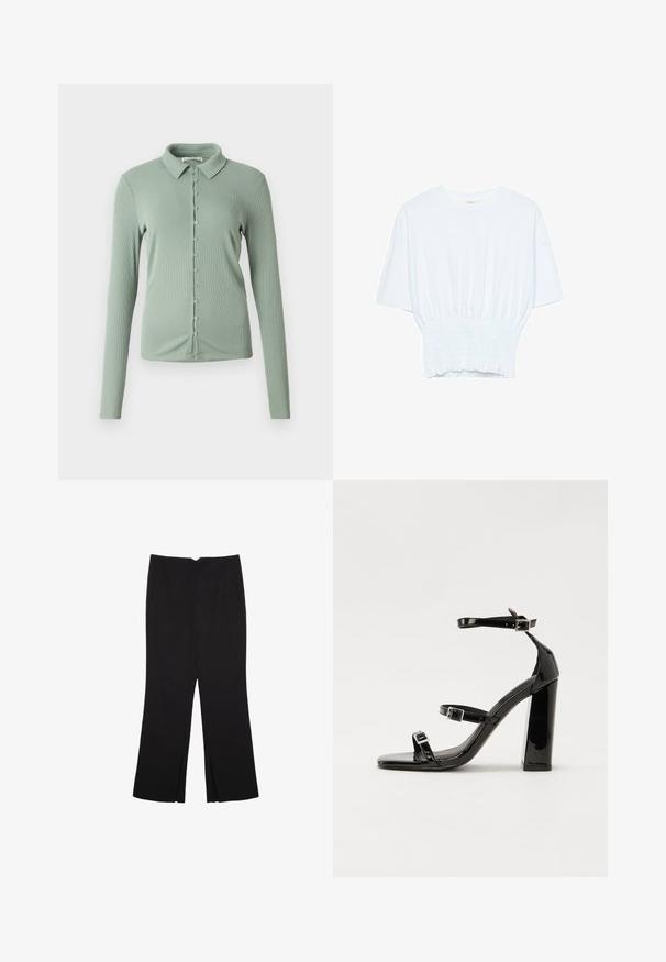 Hellegrünes Langarmhemd mit klassischem Kragen. Gerippte Textur mit einer durchgehenden Knopfleiste und kleinen Knöpfen in der Mitte.; Weißes T-Shirt mit kurzen Ärmeln, lockerer Passform und gerafftem Stoff an der Taille. Aus weichem, leichtem Material gefertigt.; Schwarze Hose mit geradem Schnitt, ausgestattet mit Fronttaschen und Seitenschlitzen am Saum. Hergestellt aus weichem, glattem Stoff. Geeignet für verschiedene Anlässe.; Schwarze patentierte Sandalen mit Absatz, quadratischer Spitze, Knöchelriemen und silbernen Schnallen. Mit einem stabilen Blockabsatz für mehr Stabilität.