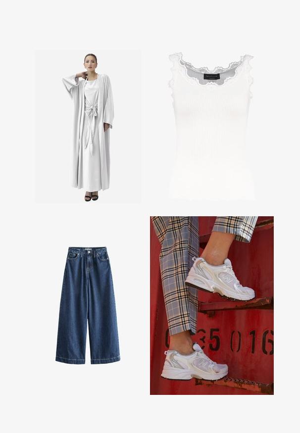 Elara ABAYA - Vest - weiß; Witte geribbelde tanktop met kantafwerking op de halslijn en mouwen. Het heeft een zachte textuur en een fitted vorm. Merklabel zichtbaar aan de binnenkant.; Brede denim trousers in donkerblauw. Gemaakt van stevig katoen, met een hoge taille, voorzakken en rechte, korte broekspijpen met zichtbare stiksels.; Witte mesh sneakers met zilveren accenten en een gestructureerde zool, gepositioneerd op een rode ondergrond, gecombineerd met gestreepte broek.