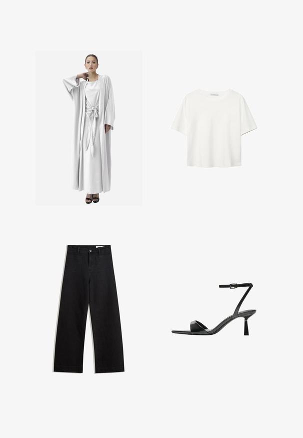 Elara ABAYA - Cardigan - weiß; Hvid kortærmet t-shirt lavet af bomuld. Har en rund halsudskæring og en afslappet pasform. Glat tekstur uden synlige mønstre eller detaljer.; Sorte wide-leg denim bukser med høj talje, der har front- og baglommer, syede sømme og en knaplukning. Glat tekstur.; Bershka Højhælede sandaletter / Højhælede sandaler - black