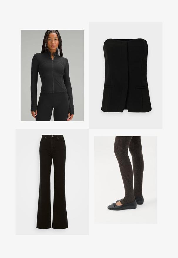 Jachetă sport neagră cu guler înalt, fermoar complet, design ajustat, cusături plate și orificii pentru degete la manșete. Material neted și elastic.; Top negru, fără mâneci, cu decolteu drept, placket frontal și două buzunare laterale ascunse. Țesătură fină cu un design îmbrăcat.; Jeans negre cu talie înaltă, evazați, din denim, cu închidere prin buton, buzunare laterale și o textură netedă.; Pantofi negri cu un detaliu mic de fundiță la vârf, asortați cu colanți maro închis, cu textură ondulată. Pantofii au o textură netedă și un profil joase.