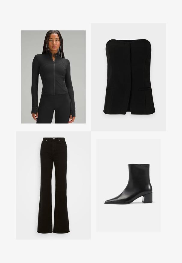 Giacca atletica nera con colletto alto, zip integrale, design aderente, cuciture piatte e aperture per i pollici nei polsini. Tessuto liscio ed elasticizzato.; Top nero senza maniche con scollatura diritta, patta frontale e due tasche laterali nascoste. Tessuto liscio con un design su misura.; Jeans neri a vita alta e svasati, realizzati in denim, con chiusura a bottone, tasche laterali e una texture liscia.; Stivaletto in pelle nera con punta appuntita, texture liscia e tacco medio a blocco. Design minimalista, chiusura con zip sul retro.