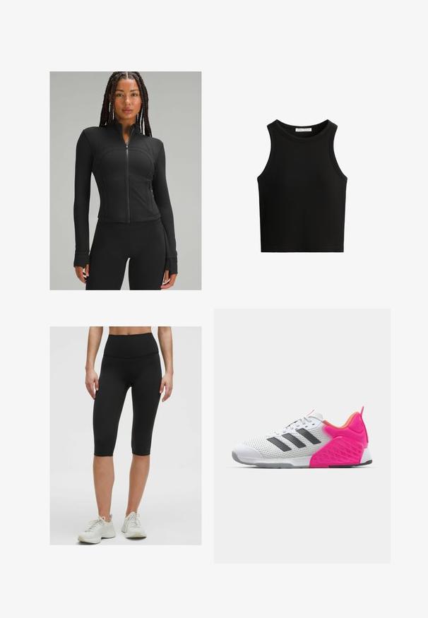 Musta urheilujakku, jossa on korkea kaulus, täysi vetoketju, istuva muotoilu, litteät saumat ja peukalonreiät hihoissa. Sileä, joustava kangas.; Musta ribbed-hihaton paita, jossa on pyöreä kaula-aukko ja leveät kädentehtävät. Materiaali näyttää pehmeältä ja malli on tiukka.; Mustat korkeavyötäröiset pyöräilyshortsit, jotka on valmistettu joustavasta ja sileästä kankaasta, päättyvät juuri polven alapuolelle, yhdistettynä vaaleansävyisiin urheilukenkiin.; Valkoinen urheilukenkä, jossa on harmaat raidat, verkkomateriaali päälliosassa ja vaaleanpunaiset kantapää ja yksityiskohdat. Varustettu teksturoidulla kantapäällä ja kumipohjalla. Nyörit ja pehmustettu kaulus.