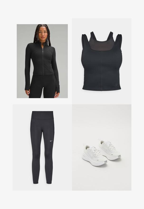 Melnā sporta jaka ar augstu apkakli, pilnu rāvējslēdzēju, pieguļošu dizainu, līdzenām šuvēm un caurumiem īkšķiem pie piedurknēm. Gluda, elastīga auduma.; Melnas sporta krūšturis ar pieguļošu dizainu, platām siksnām un acs pārklājumu priekšpusē. Gluda tekstūra un minimālas vīles. Nike logo apakšmalā.; Melnas legingi, izgatavoti no elastīga auduma, ar augstu jostu un baltu Nike logotipu kreisajā augšstilbā. Gluda tekstūra, piegulošs dizains.; Baltas sporta apavi ar teksturētu sieta augšdaļu, mīkstinātu zoli un smalkiem pelēkiem akcentiem. Iekļauj zīmolu un cilpu papēža cilpu vieglai uzvilkšanai.