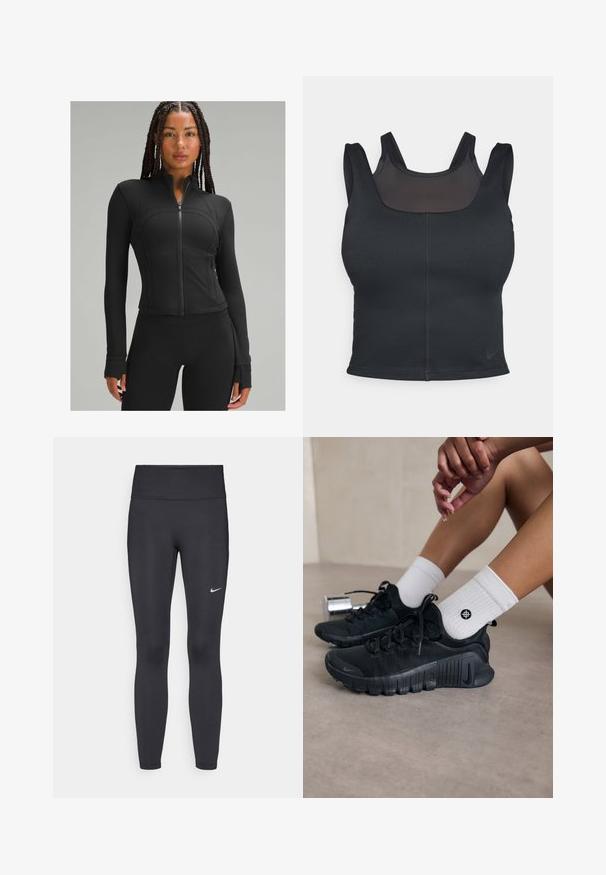 Svart träningsjacka med hög krage, hel dragkedja, figursydd design, platta sömmar och tummhål vid ärmsluten. Slät, stretchig tyg.; Svart sport-BH med en fitted design, breda axelband och ett nätöverdrag fram. Slät textur och minimala sömmar. Nike-logotyp på fållen.; Svarta leggings i elastiskt material, med hög midja och en vit Nike-logga på vänster lår. Slät textur, figurnära design.; Svarta sportskor med texturerat tyg, snörning och en framträdande sula, tillsammans med vita ribbade strumpor med en liten logotyp.
