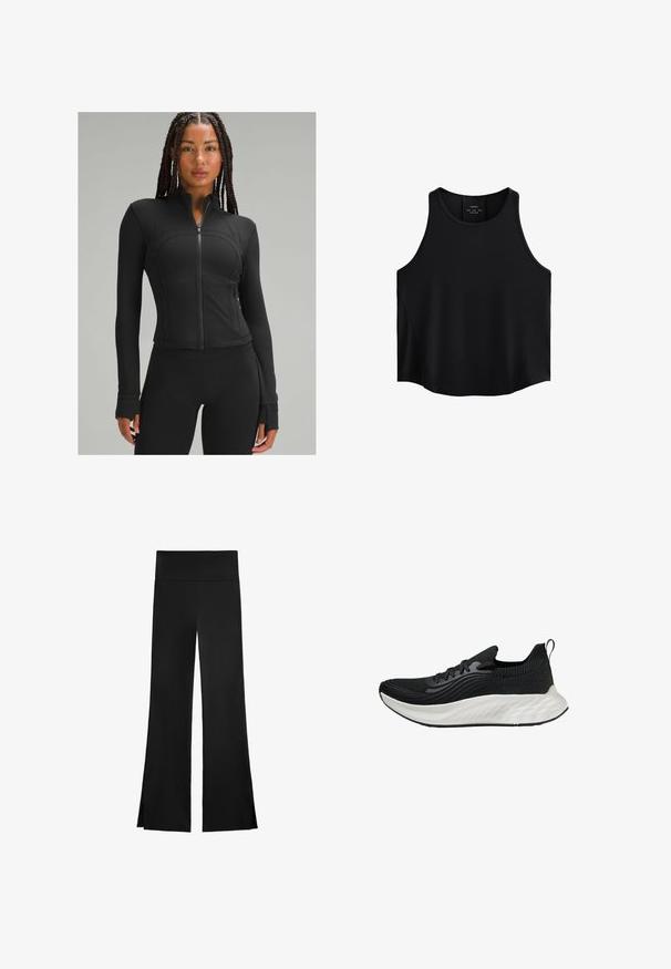 Jachetă sport neagră cu guler înalt, fermoar complet, design ajustat, cusături plate și orificii pentru degete la manșete. Material neted și elastic.; Top negru fără mâneci, realizat dintr-un material neted, cu un decolteu rotund, croială dreaptă și panouri laterale cu o textură discretă.; Pantaloni negri cu un design evazat, având un talie înaltă și slits laterale pentru o mișcare ușoară. Fabricat dintr-un material neted și elastic.; Pantofii sport negri au un superior texturat, o talpă albă căptușită și branding subtil. Dispun de un tab de tragere și închidere cu șiret.