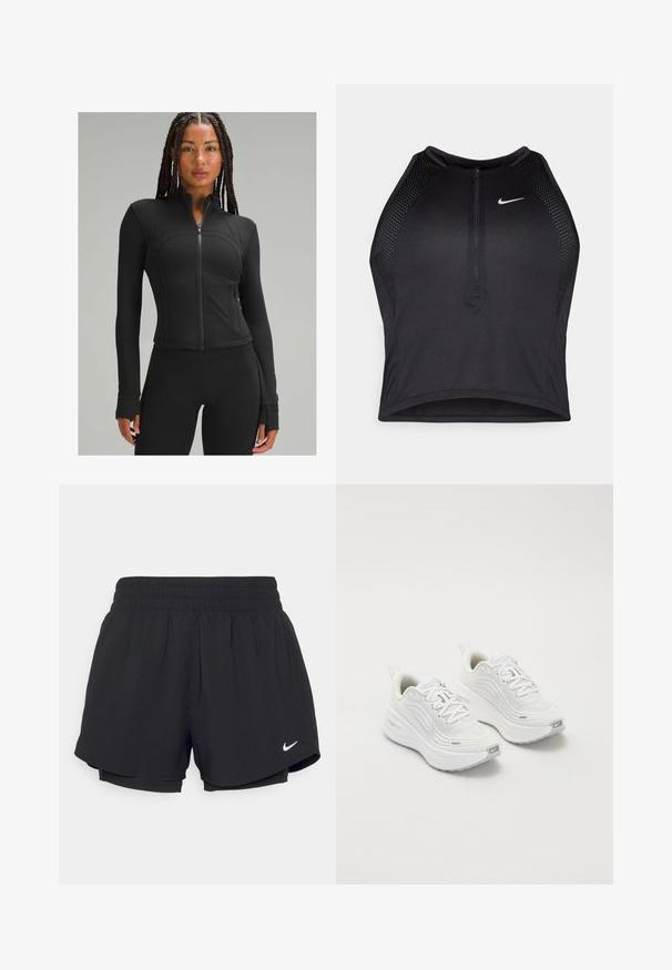 Mustat spordijakk, millel on kõrge krae, täispikk lukk, nööpide disain, lamedad õmblused ja sõrmeaugu avad varrukatel. Sile, veniv kangas.; Must negra spordiline crop top, millel on lukk ees, võrgukangast detailid ja vormiv disain. Valmistatud venivast ja hingavast kangast. Nike logo ees.; Mustad mustad lühikesed püksid kokkutõmmatava elastse vöökohtadega, sisemise voodriga ja valge Nike logo alumises vasakus nurgas. Sile, kerge kangas.; Valged spordijalatsid, millel on tekstureeritud võrkkangas üst, pehme tallaga ja peened hallid aktsendid. Kaasas bränding ja aasaga kannaaken mugavaks selga panemiseks.