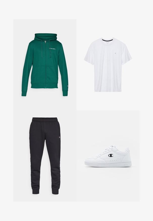 Champion ICONS FULL ZIP HOODIE SMALL LOGO - Felpa con zip - dark green; T-shirt bianca a girocollo realizzata in cotone, con maniche corte e un piccolo logo ricamato sulla parte sinistra del petto. Texture morbida.; Pantaloni della tuta in cotone neri con vita ed elastici alle caviglie. Presentano un dettaglio del logo sul lato. Texture liscia, design affusolato.; Sneakers atletici bianchi con pelle sintetica liscia, accento del logo nero e dettagli perforati sul lato. Suola in gomma.