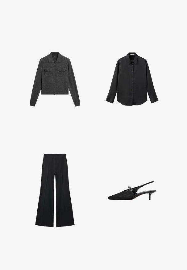Grau gestrickte Wolle-Kardigan mit Kragen, Knopfschluss und zwei Fronttaschen. Hat gerippte Manschetten und einen geraden Saum.; Schwarz langärmliges Hemd aus glattem Stoff, mit klassischem Kragen, frontaler Knopfleiste mit goldfarbenen Knöpfen und breiten Manschetten.; Schwarze weit geschnittene Hose mit glatter Textur, ausgestattet mit Frontfalten und einem taillierten Design. Der Stoff ist leicht und fließend.; Schwarze Slingback-Absätze mit spitzen Zehen, strukturiertem Mesh-Obermaterial, schmalem verstellbarem Riemen mit silberner Schnalle und 5 cm Stiletto-Absätzen.