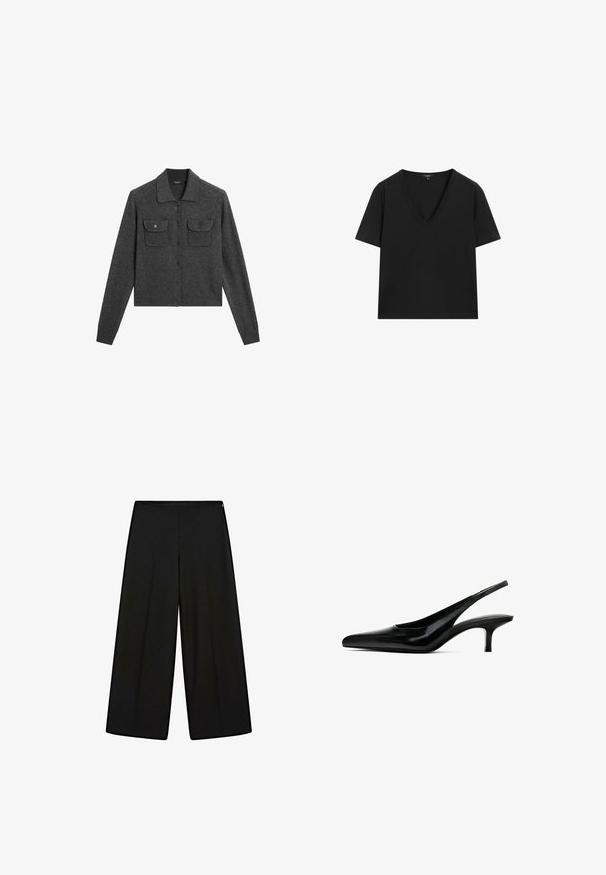 Gray wool cardigan with a collared neckline, button closure, and two front pockets. Features ribbed cuffs and a straight hem.; Black short-sleeve V-neck T-shirt with a simple, fitted design on a white background.; Black wide-leg trousers made of soft fabric, featuring a high waist and pleats, with a smooth texture and no visible embellishments.; Black pointed-toe slingback shoe with a glossy leather finish and a thin, low heel. Features a cutout on the side for breathability.
