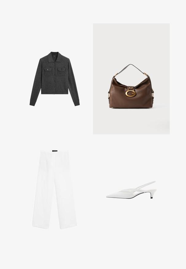 Grau gestrickte Wolle-Kardigan mit Kragen, Knopfschluss und zwei Fronttaschen. Hat gerippte Manschetten und einen geraden Saum.; Weißes kurzärmeliges V-Ausschnitt-T-Shirt aus Baumwolle, das ein minimalistisches Design und eine glatte Textur aufweist, mit geradem Saum und ohne Verzierungen.; Weiße Leinen-Hosen mit weitem Bein, die eine glatte Textur aufweisen. Sie haben einen mittelhohen Bund, zwei vordere Taschen und ein schlichtes Design.; Weißer Slingback-Absatzschuh mit spitzer Zehenpartie, featuring ein glattes Obermaterial, subtile Ausschnitte und einen niedrigen Blockabsatz. Die schwarze Sohle betont das Design.; Braune Handtasche aus Leder mit strukturiertem Finish, ausgestattet mit einem goldfarbigen Verschluss und einem einzigen, geschwungenen Schulterriemen.