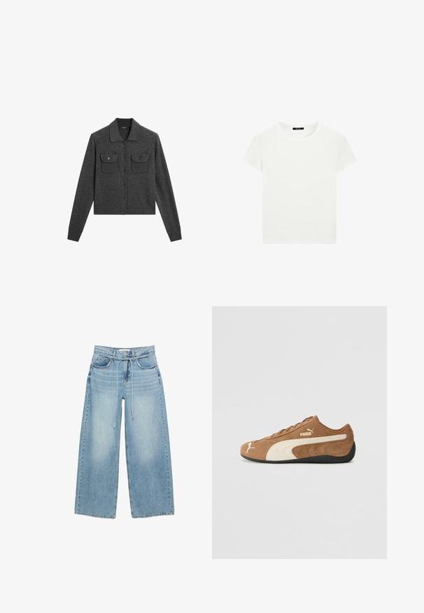 Grijze wollen cardigan met een kraag, knoopsluiting en twee voorzakken. Heeft ribgebreide manchetten en een rechte zoom.; Effen witte T-shirt met korte mouwen en een ronde hals, met een slim fit, vlak weergegeven tegen een witte achtergrond.; Lichtblauwe wijde jeans met een hoge taille, twee voorzakken, een rits en een stoffen striksluiting in de taille. Klassieke denimstructuur.; Bruine suède low-top sneakers met crèmekleurige accenten, een gestructureerd oppervlak, een zwarte rubberen zool en een geborduurd logo aan de zijkant en op de tong.